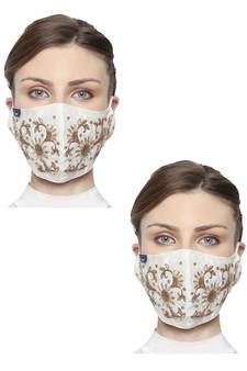 2 White & Gold 3-Ply Art Silk Embellished Fabric Fashion Mask