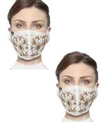 2 White & Gold 3-Ply Art Silk Embellished Fabric Fashion Mask