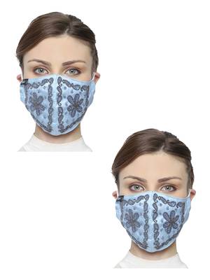 2 Pastel Blue & Silver 3-Ply Art Silk Floral Embellished Fabric Fashion Mask 1