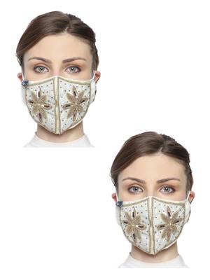 2 White & Gold 3-Ply Art Silk Embellished Fabric Fashion Mask 1