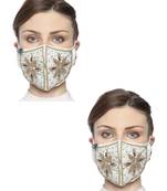 2 White & Gold 3-Ply Art Silk Embellished Fabric Fashion Mask