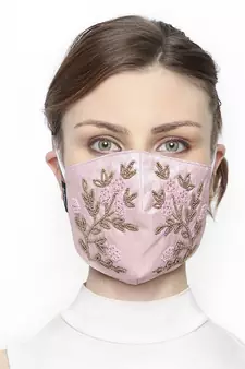 3-Ply Baby Pink & Gold Antique Art Silk Embellished Fabric Fashion Mask