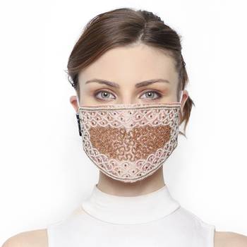 3-Ply Peach, White & Gold Art Silk Embellished Fabric Fashion Mask 1