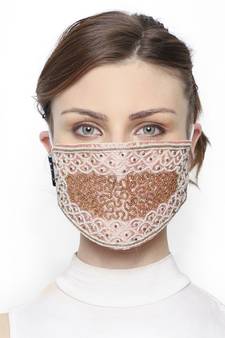 3-Ply Peach, White & Gold Art Silk Embellished Fabric Fashion Mask
