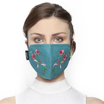 3-Ply Turquoise & Multi Cotton Floral Embroidered Fabric Fashion Mask 1