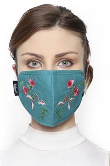 3-Ply Turquoise & Multi Cotton Floral Embroidered Fabric Fashion Mask