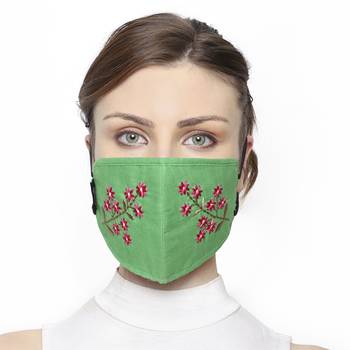 3-Ply Green & Pink Cotton Floral Embroidered Fabric Fashion Mask 1