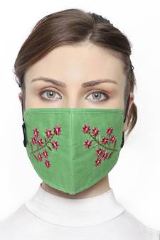 3-Ply Green & Pink Cotton Floral Embroidered Fabric Fashion Mask