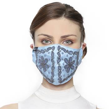 3-Ply Pastel Blue & Silver Art Silk Floral Embellished Fabric Fashion Mask 1