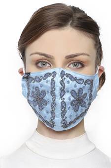 3-Ply Pastel Blue & Silver Art Silk Floral Embellished Fabric Fashion Mask