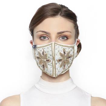 3-Ply White & Gold Art Silk Embellished Fabric Fashion Mask 1