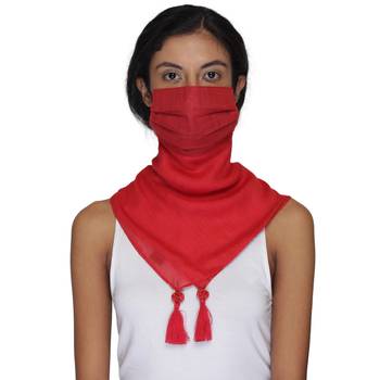 3-Ply Reusable Red Solid Cotton Tesselled Scarf Style Fashion Mask 1
