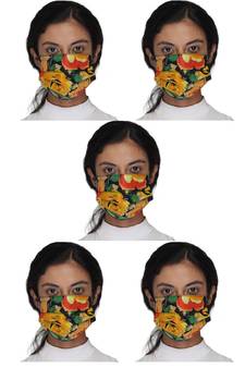 5 Black & Multi 3-Ply Reusable Printed Cotton Fabric Fashion Mask