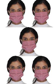 5 Red & White 3-Ply Reusable Checkered Cotton Fabric Fashion Mask