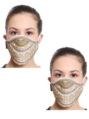 2 White & Gold 3-Ply Reusable Art Silk Embellished Fabric Fashion Mask 1