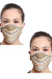 2 White & Gold 3-Ply Reusable Art Silk Embellished Fabric Fashion Mask