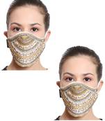 2 White & Gold 3-Ply Reusable Art Silk Embellished Fabric Fashion Mask