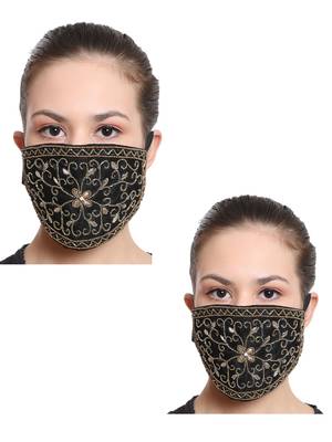 2 Black & Copper 3-Ply Reusable Art Silk Embroidered Fabric Fashion Mask 1