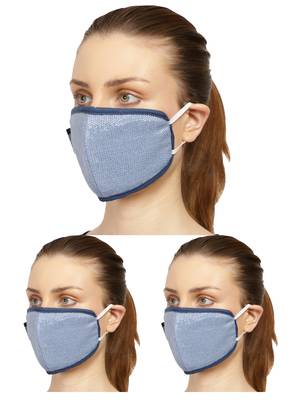3 Blue & Silver 3-Ply Reusable Cotton Lurex Fabric Fashion Mask 1