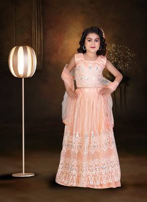 Peach Real Mirror Hand Work Net Lehenga Choli with Stunning Tessel 1