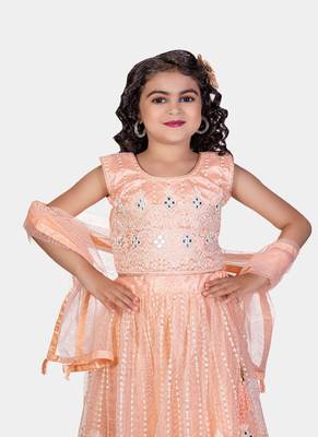 Peach Real Mirror Hand Work Net Lehenga Choli with Stunning Tessel 4
