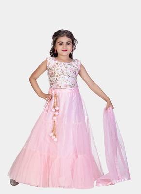 Pink Double Frill Work Plain Net Lehenga Choli with Authentic Tessel 3