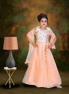 Peach Double Frill Work Plain Net Lehenga Choli with Authentic Tessel 1