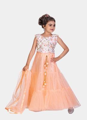 Peach Double Frill Work Plain Net Lehenga Choli with Authentic Tessel 3