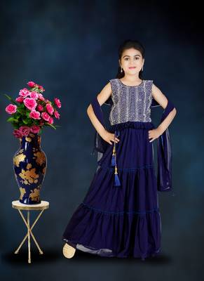 Blue Frill Work Plain Georgette Lehenga Choli with Tessel 1