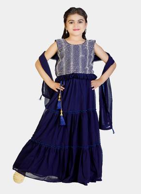 Blue Frill Work Plain Georgette Lehenga Choli with Tessel 2