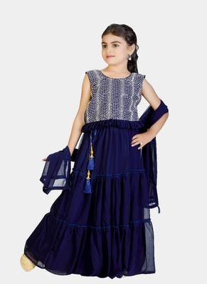 Blue Frill Work Plain Georgette Lehenga Choli with Tessel 3