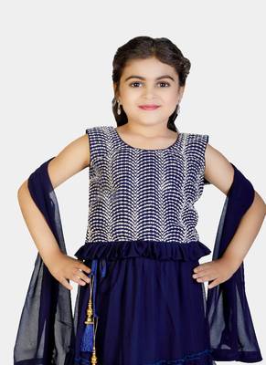 Blue Frill Work Plain Georgette Lehenga Choli with Tessel 4