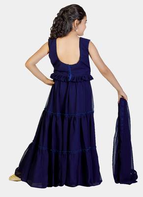 Blue Frill Work Plain Georgette Lehenga Choli with Tessel 5