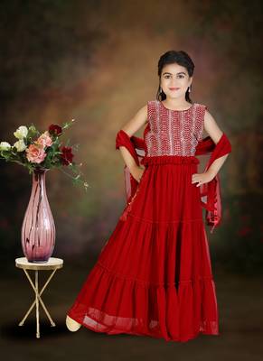 Maroon Frill Work Plain Georgette Lehenga Choli with Tessel 1