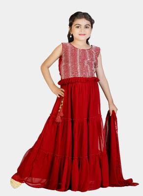 Maroon Frill Work Plain Georgette Lehenga Choli with Tessel 2