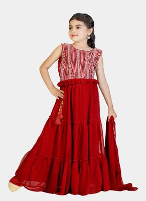 Maroon Frill Work Plain Georgette Lehenga Choli with Tessel 3
