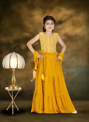 Yellow Frill Work Plain Georgette Lehenga Choli with Tessel 1