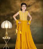 Yellow Frill Work Plain Georgette Lehenga Choli with Tessel
