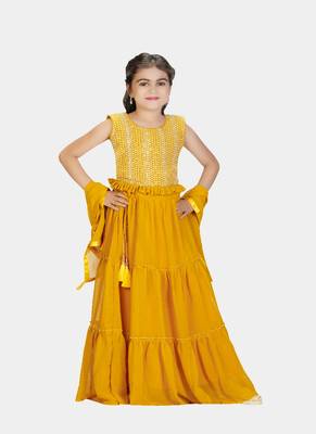 Yellow Frill Work Plain Georgette Lehenga Choli with Tessel 2