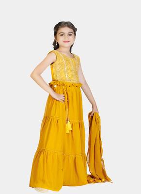 Yellow Frill Work Plain Georgette Lehenga Choli with Tessel 3