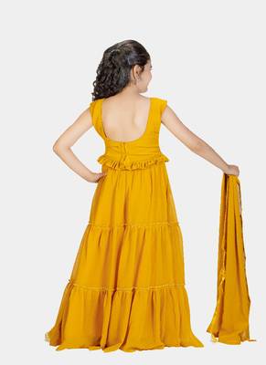 Yellow Frill Work Plain Georgette Lehenga Choli with Tessel 4