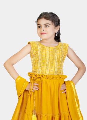 Yellow Frill Work Plain Georgette Lehenga Choli with Tessel 5