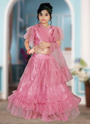 Pink Embroidery Sequence Frill Work Net Lehenga Choli 1