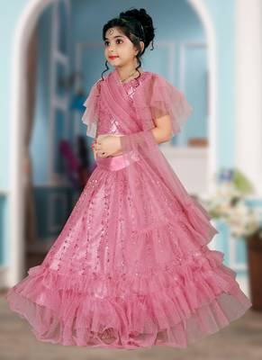Pink Embroidery Sequence Frill Work Net Lehenga Choli 2