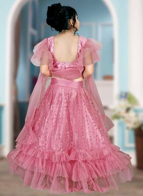 Pink Embroidery Sequence Frill Work Net Lehenga Choli 3
