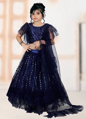 Blue Embroidery Sequence Frill Work Net Lehenga Choli 1