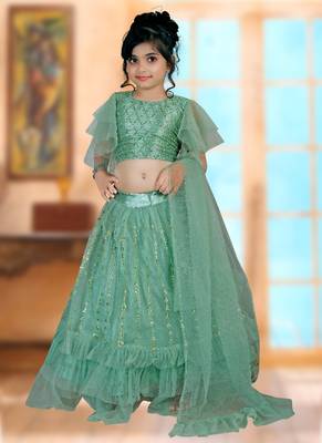 Aqua Green Embroidery Sequence Frill Work Net Lehenga Choli 1