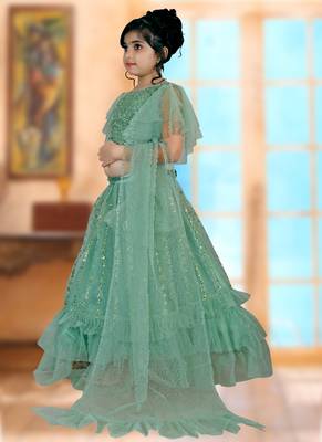 Aqua Green Embroidery Sequence Frill Work Net Lehenga Choli 2
