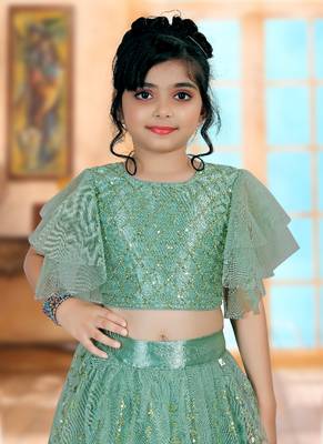 Aqua Green Embroidery Sequence Frill Work Net Lehenga Choli 3