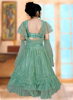 Aqua Green Embroidery Sequence Frill Work Net Lehenga Choli 4